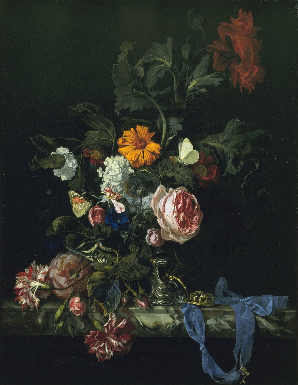 Bodegón de flores con reloj de Willem van Aelst