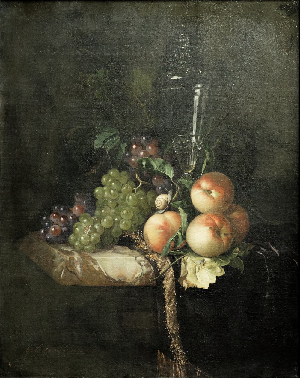 Uvas, melocotones y vaso grande de Willem van Aelst