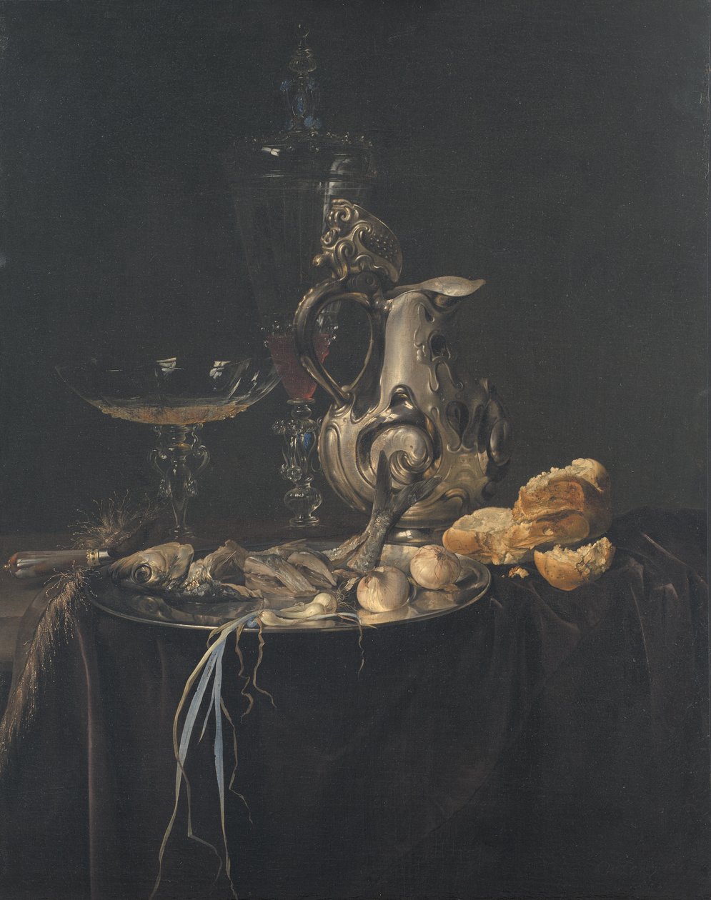 Naturaleza muerta. Desayuno con una jarra de plata de Willem van Aelst