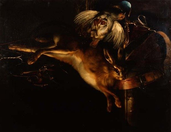 Naturaleza muerta de una liebre, una perdiz y equipo de caza colgando sobre un borde de mármol de Willem van Aelst