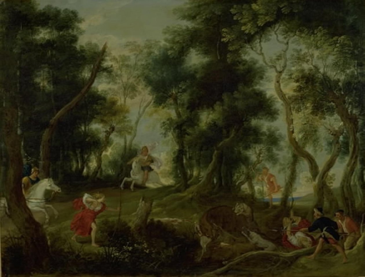 Paisaje con Atalanta y Meleagro cazando el jabalí de Calidón de Willem van Herp