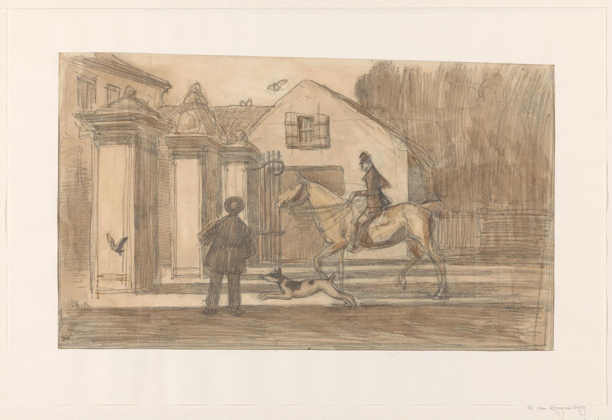 La valla en el Scheveningse Weg en La Haya; pasando un jinete con perro de Willem van Konijnenburg