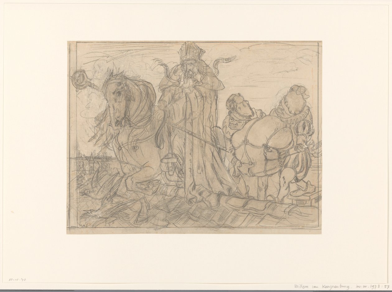 Sinterklaas con dos duendes en un tejado de Willem van Konijnenburg