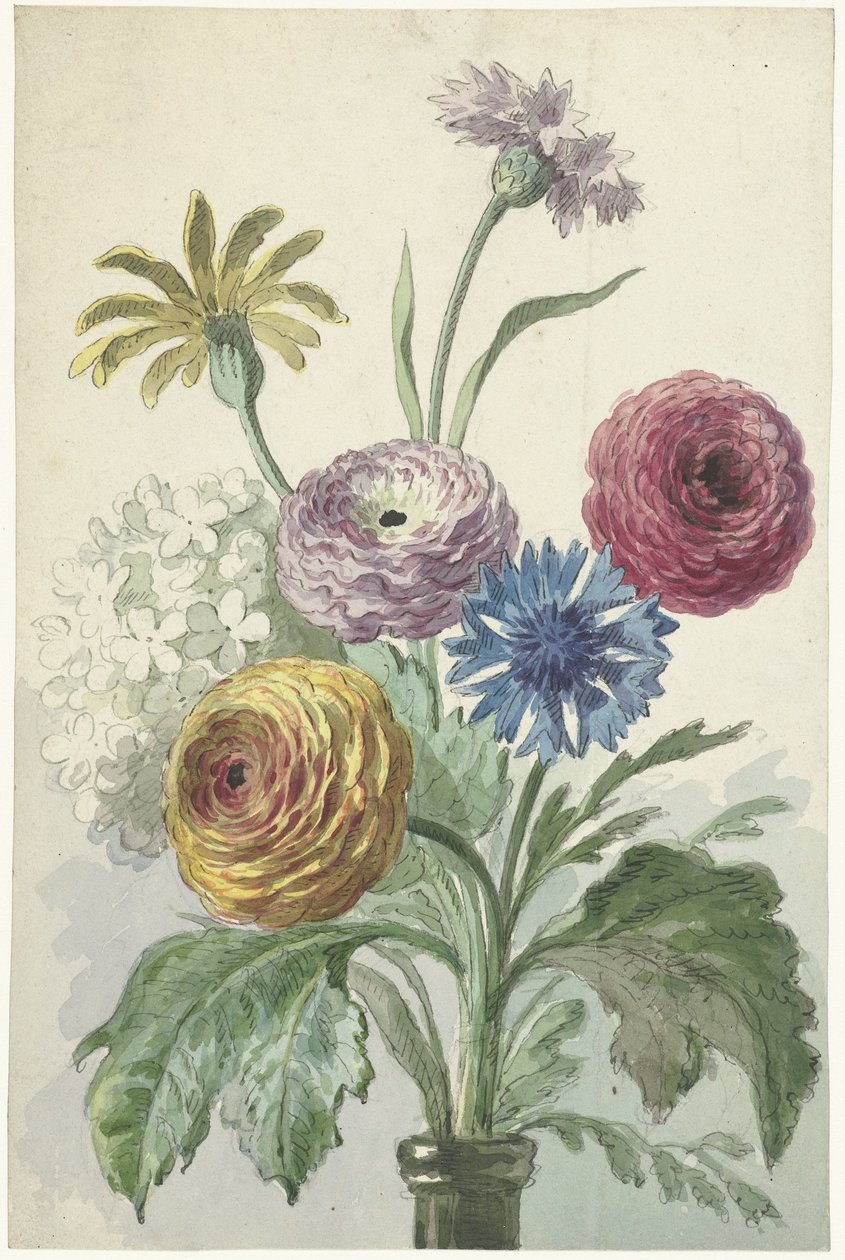 Ramo de flores en el cuello de un jarrón verde de Willem van Leen