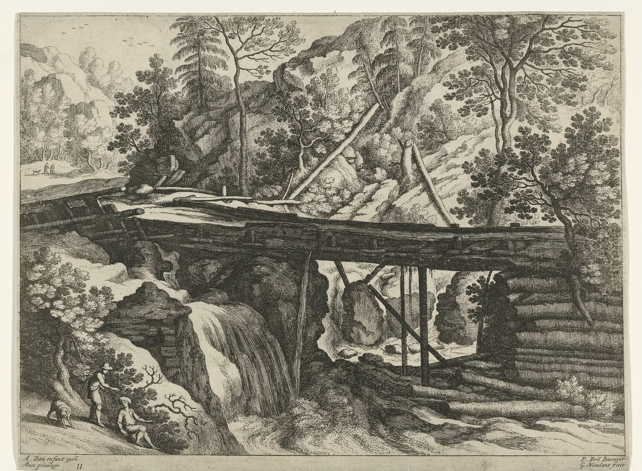 Paisaje de montaña con acueducto de madera. Paisajes italianos (título de la serie) de Willem van Nieulandt (II)
