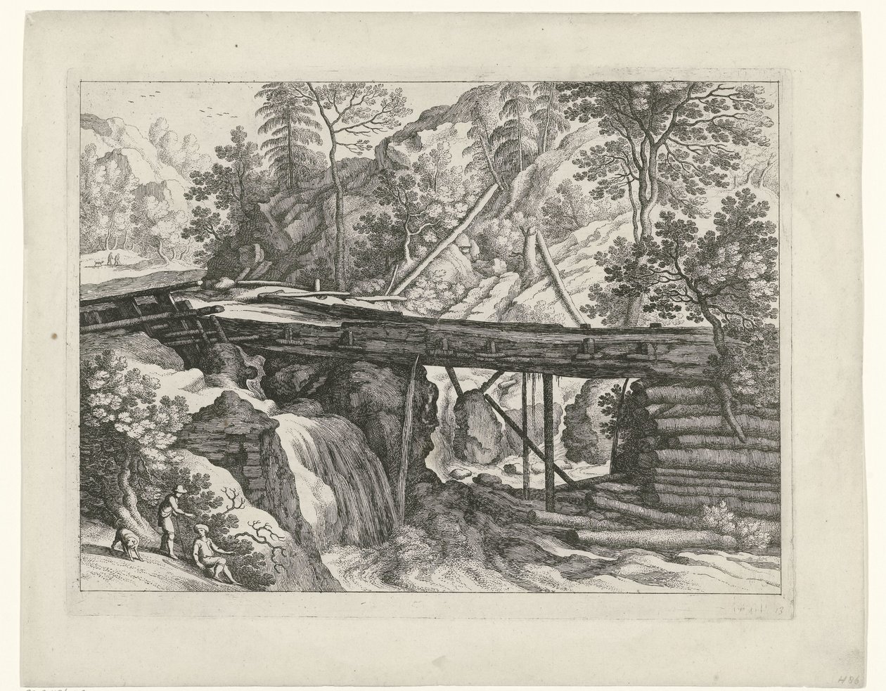 Paisaje de montaña con acueducto de madera. Paisajes italianos (título de la serie) de Willem van Nieulandt (II)