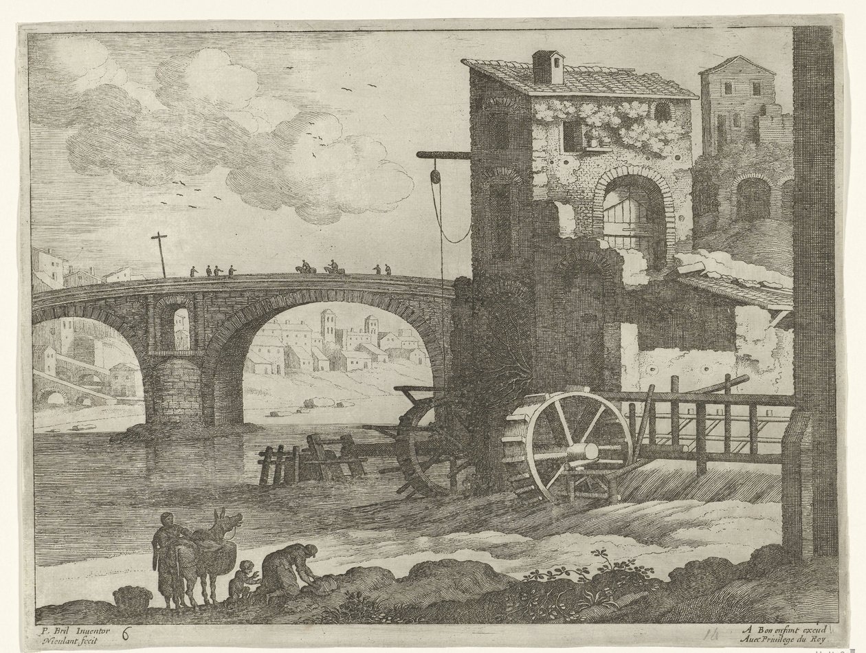 Puente y molino de agua Paisajes italianos (título de la serie) de Willem van Nieulandt (II)