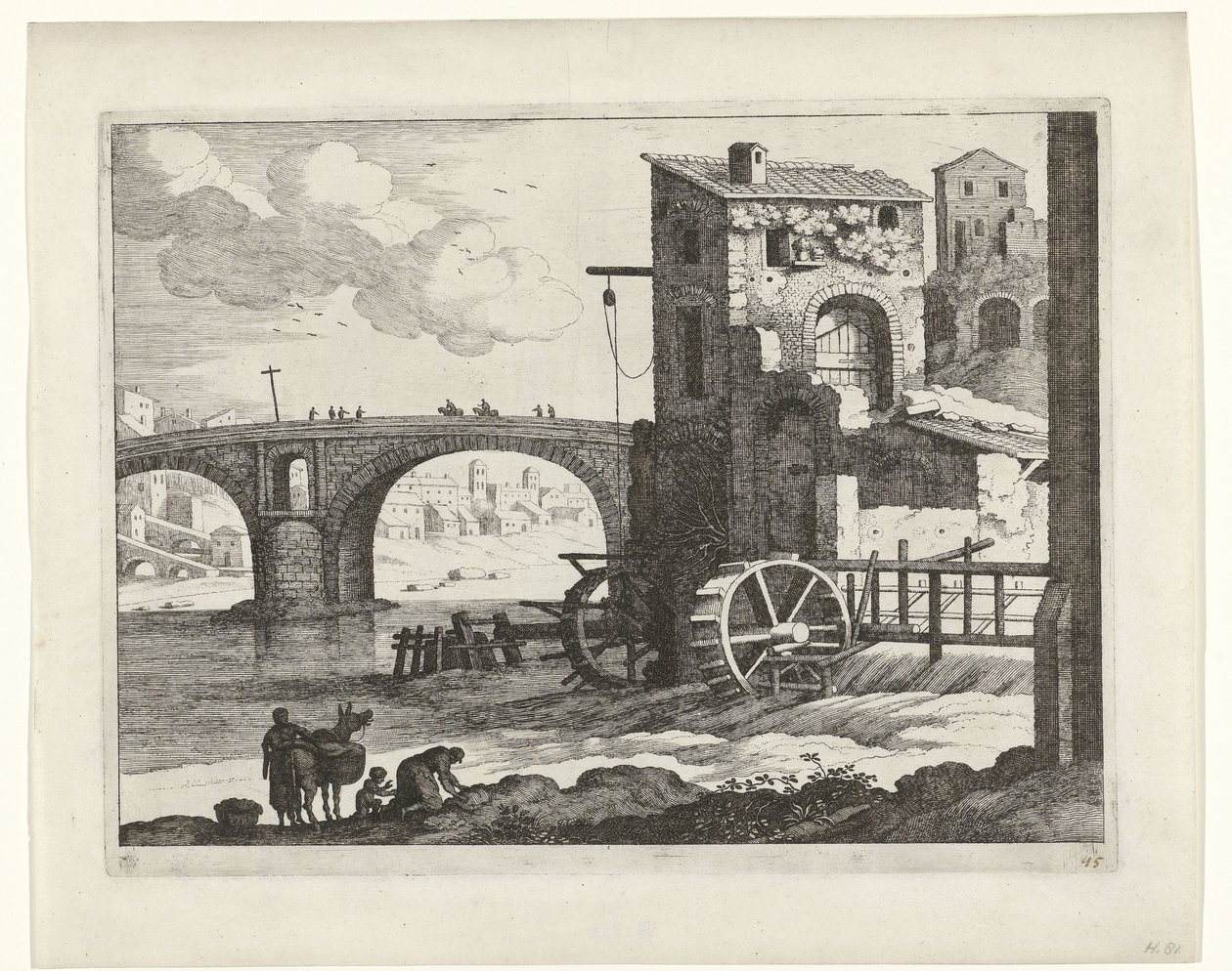 Puente y molino de agua Paisajes italianos (título de la serie) de Willem van Nieulandt (II)