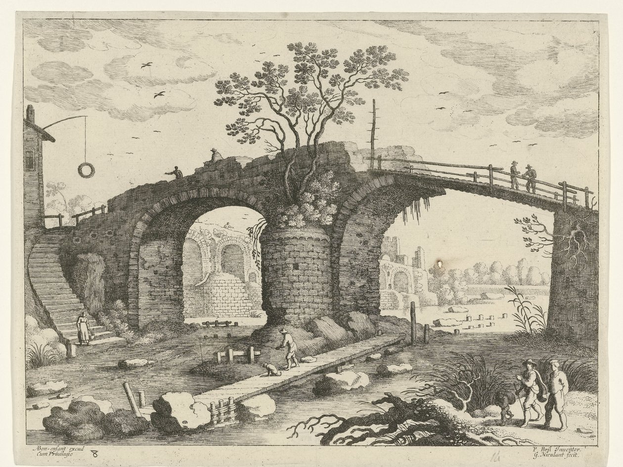 Puente sobre un río Paisajes italianos (título de la serie) de Willem van Nieulandt (II)