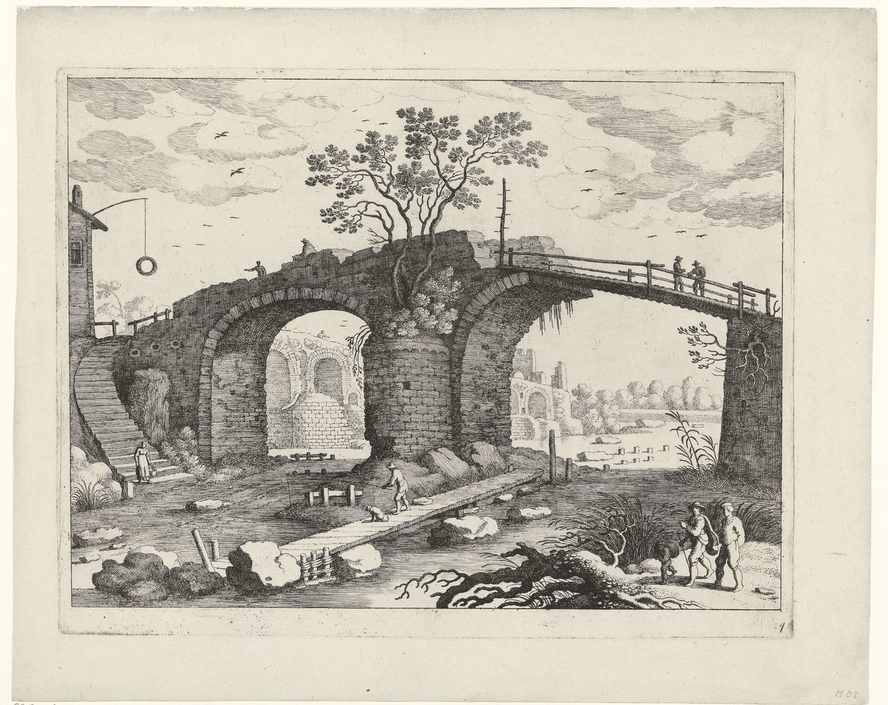 Puente sobre un río Paisajes italianos (título de la serie) de Willem van Nieulandt (II)