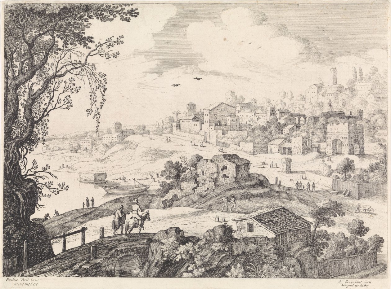 paisaje italiano con una ciudad Paisajes italianos (título de la serie) de Willem van Nieulandt (II)