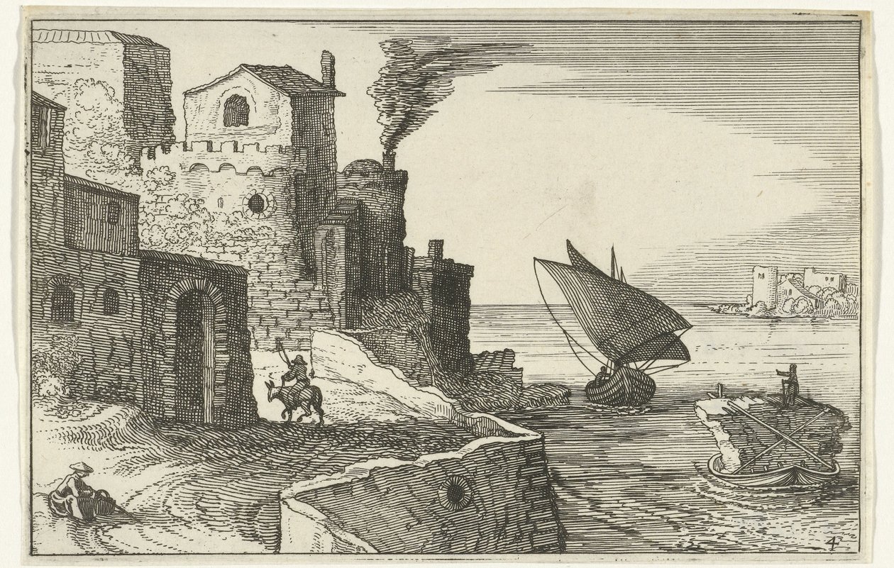 Pueblo costero Ruinas romanas y paisajes costeros (serie 1) (título de la serie) de Willem van Nieulandt (II)