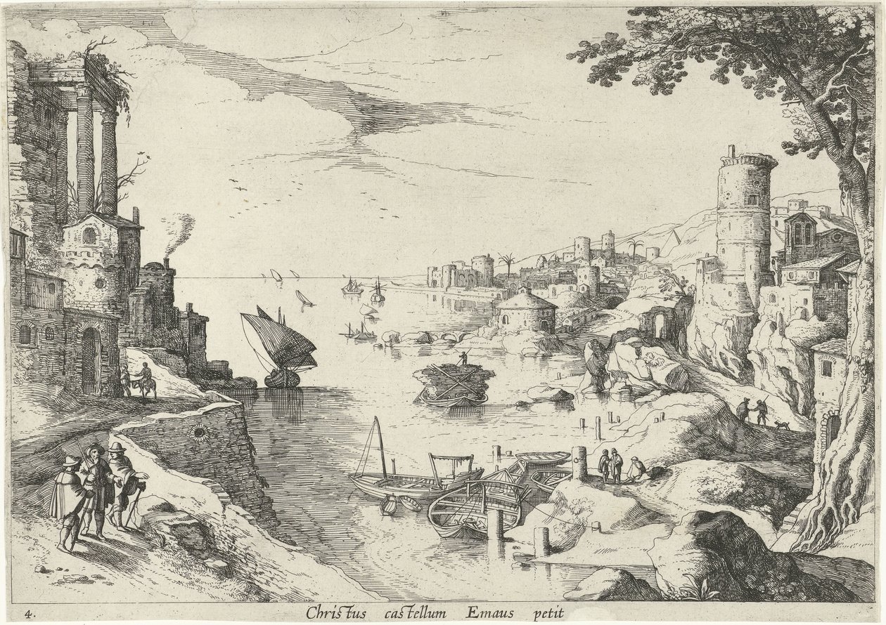 Paisaje con los Viajeros de Emaús Christ castellum Emaus petit (título sobre objeto) Paisajes italianos con escenas bíblicas (título de la serie) de Willem van Nieulandt (II)