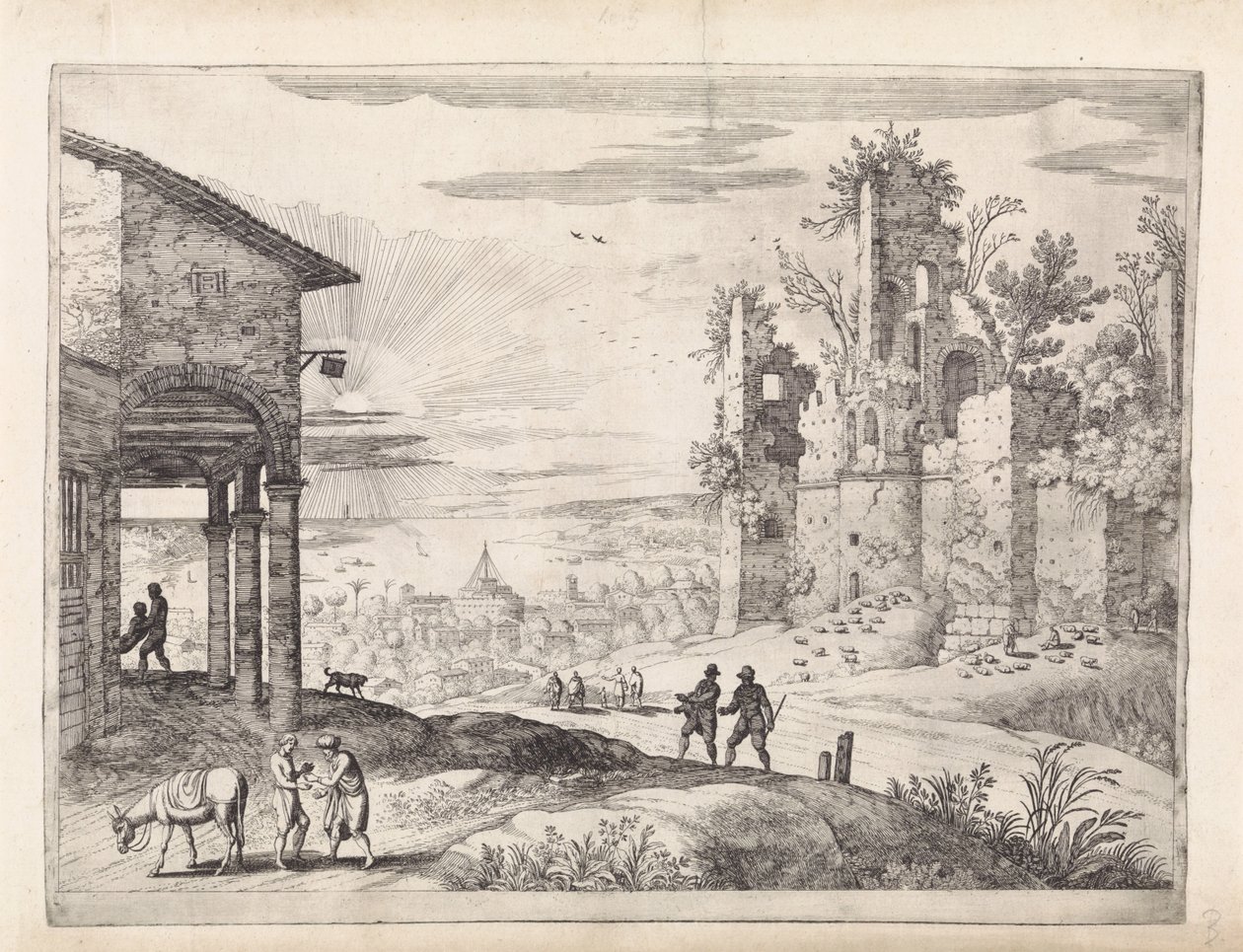 Paisaje con el buen samaritano en la posada
Paisajes italianos (título de la serie) de Willem van Nieulandt (II)