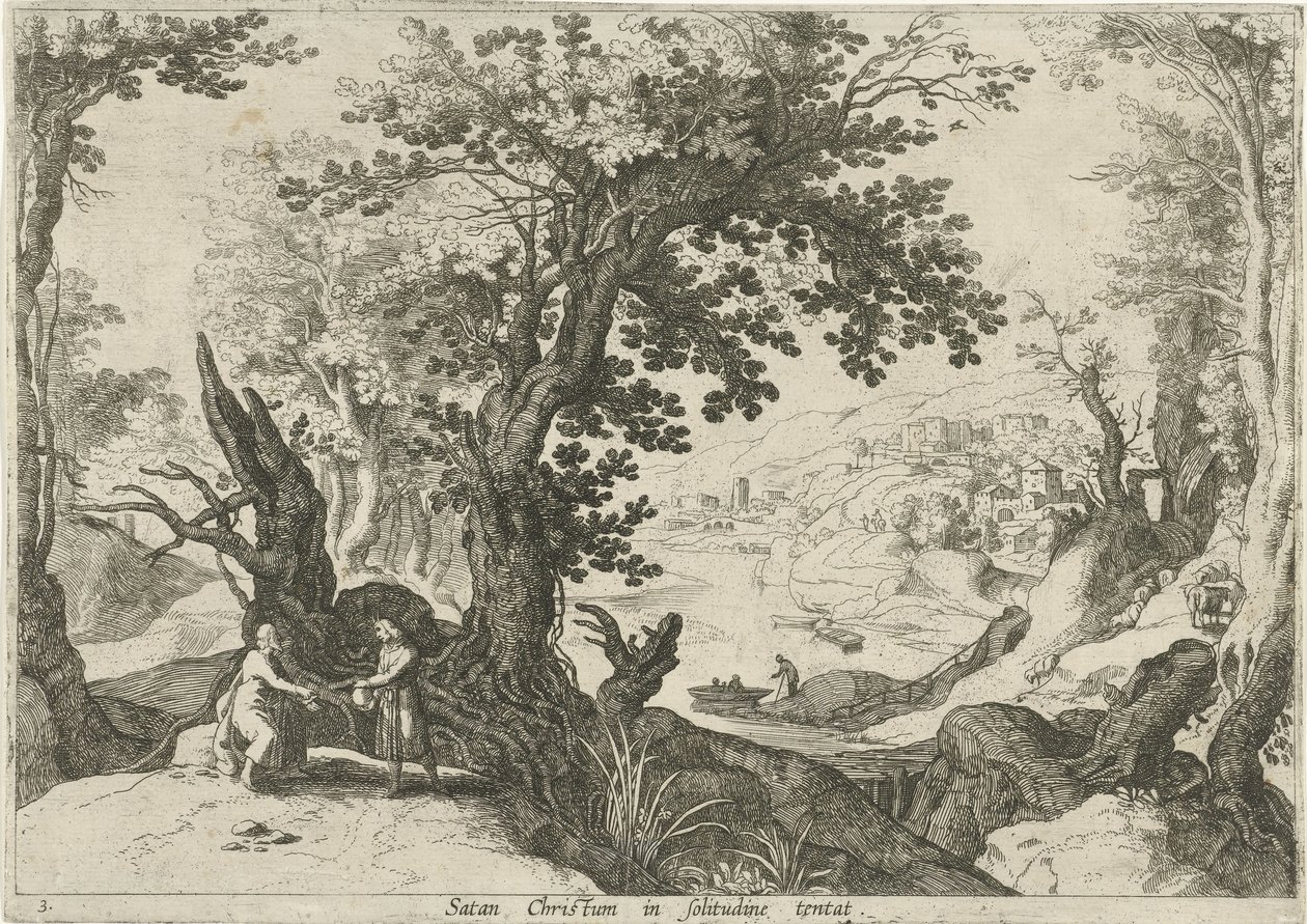 Paisaje con la tentación de Cristo Satan Christum in solitudine tentat (título sobre el objeto) Paisajes italianos con escenas bíblicas (título de la serie) de Willem van Nieulandt (II)