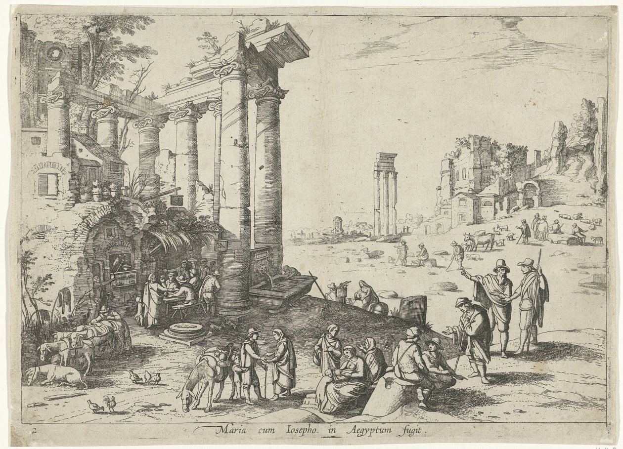Paisaje con la Huida a Egipto Maria cum Iosepho in Aegyptum fugit (título sobre objeto) Paisajes italianos con escenas bíblicas (título de la serie) de Willem van Nieulandt (II)