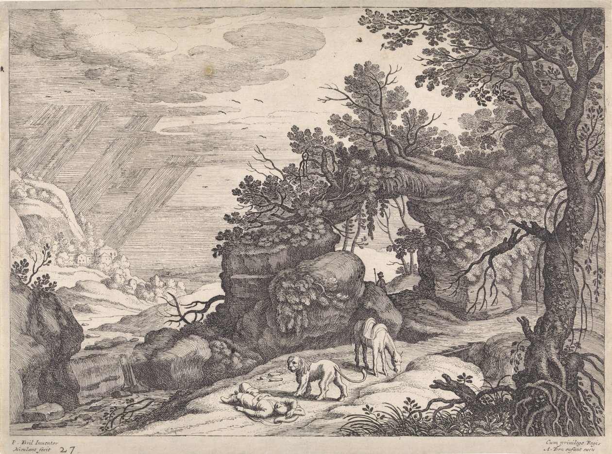 Paisaje con un hombre muerto de Dios, león y burro Paisajes italianos (título de la serie) de Willem van Nieulandt (II)