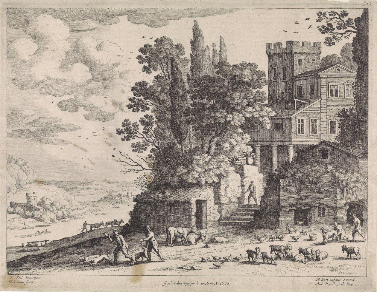 Paisaje con casa, figuras y ganado de Willem van Nieulandt (II)