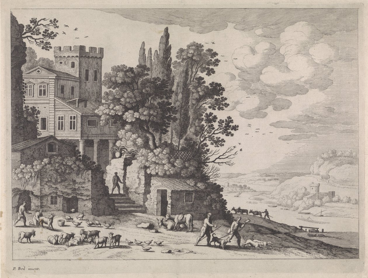 Paisaje con casa, figuras y ganado de Willem van Nieulandt (II)