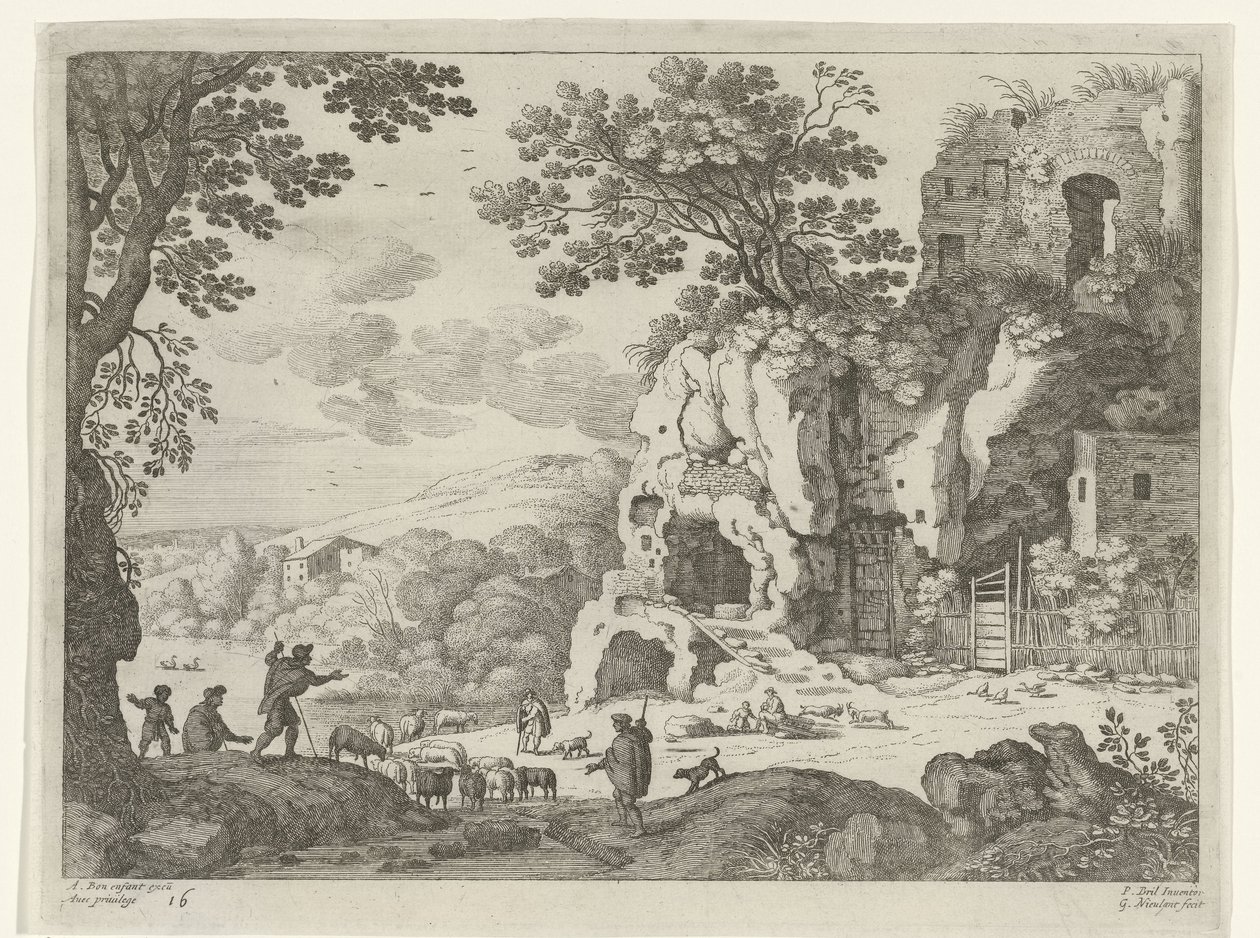 paisaje con una ruina Paisajes italianos (título de la serie) de Willem van Nieulandt (II)