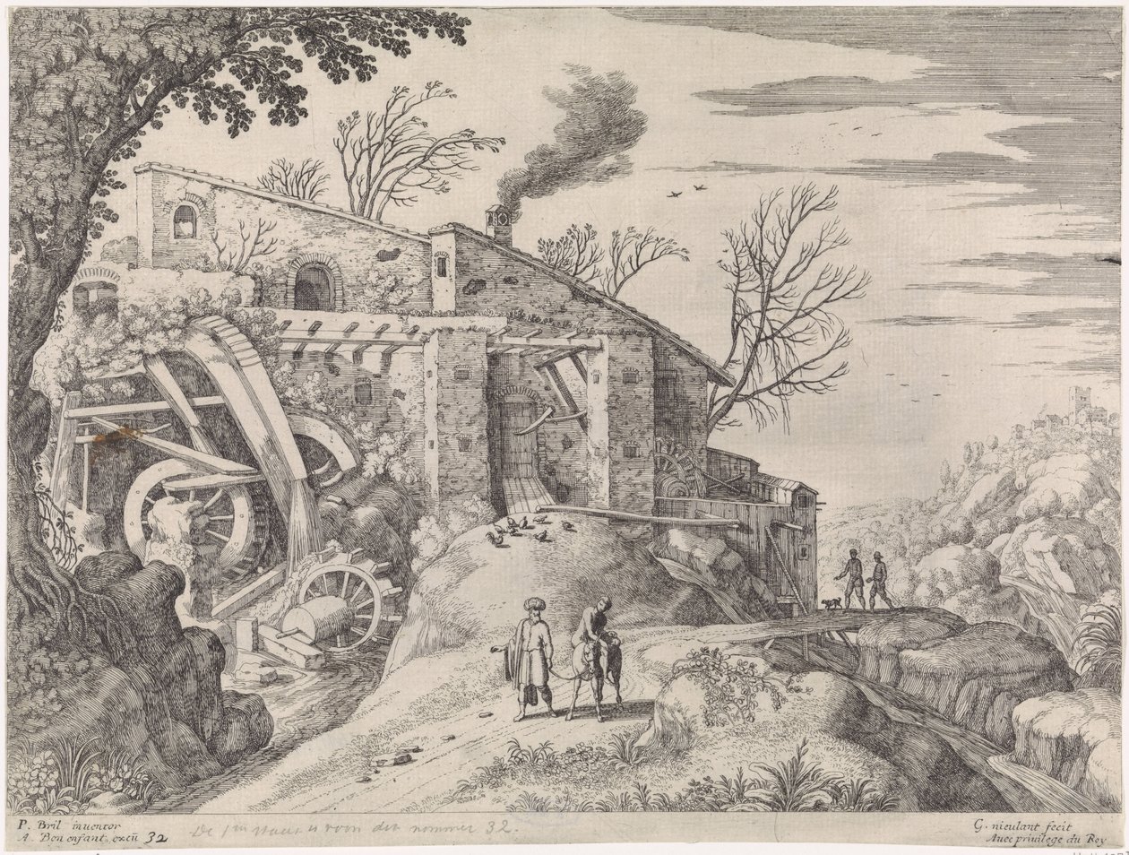 Paisaje con molino de agua y el buen samaritano Paisajes italianos (título de la serie) de Willem van Nieulandt (II)