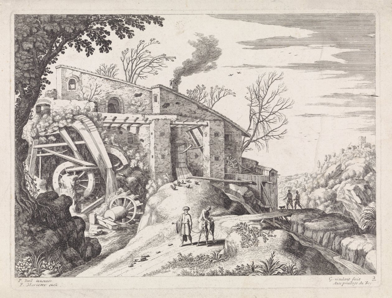 Paisaje con molino de agua y el buen samaritano Paisajes italianos (título de la serie) de Willem van Nieulandt (II)