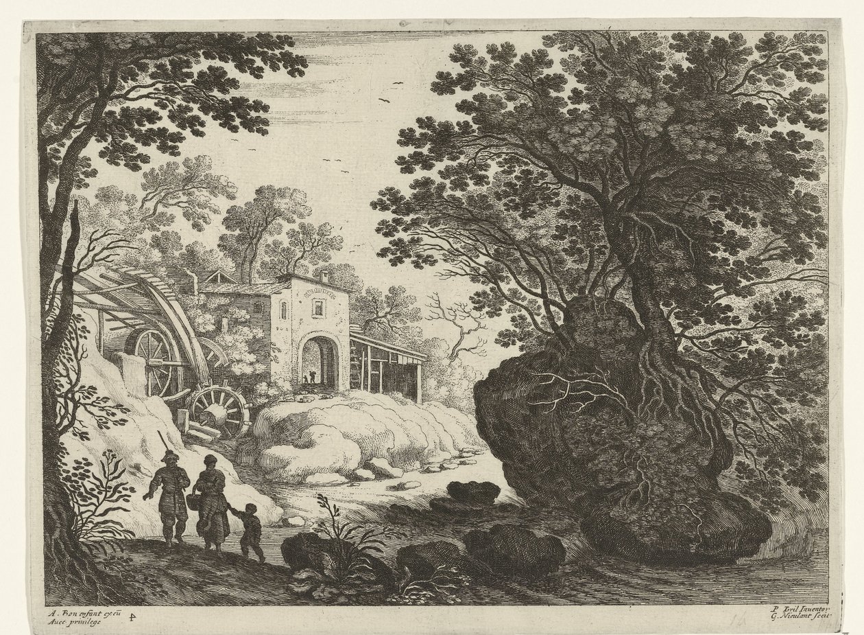 Pareja y niño en molino de agua Paisajes italianos (título de la serie) de Willem van Nieulandt (II)