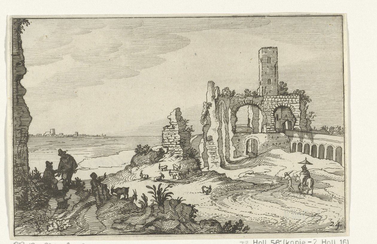 Ruina con arcos y una torre sobre el agua Ruinas romanas y paisajes costeros (serie 1) (título de la serie) de Willem van Nieulandt (II)