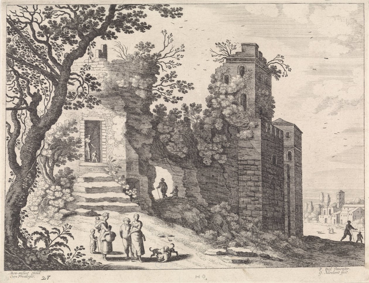 Ruina con un grupo de mujeres y niños Paisajes italianos (título de la serie) de Willem van Nieulandt (II)