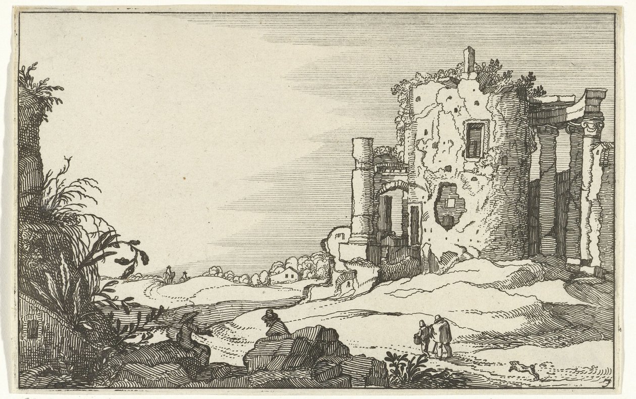 Ruinas de un templo rodeado de columnas Ruinas romanas y paisajes costeros (serie 1) (título de la serie) de Willem van Nieulandt (II)