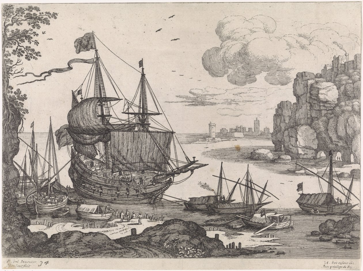 Barcos en un puerto Paisajes italianos (título de la serie) de Willem van Nieulandt (II)