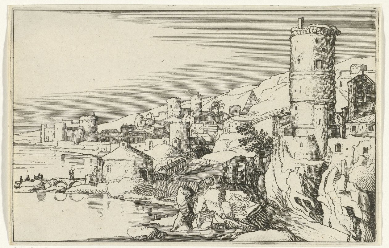 Ciudad con torres sobre el agua Ruinas romanas y paisajes costeros (serie 1) (título de la serie) de Willem van Nieulandt (II)