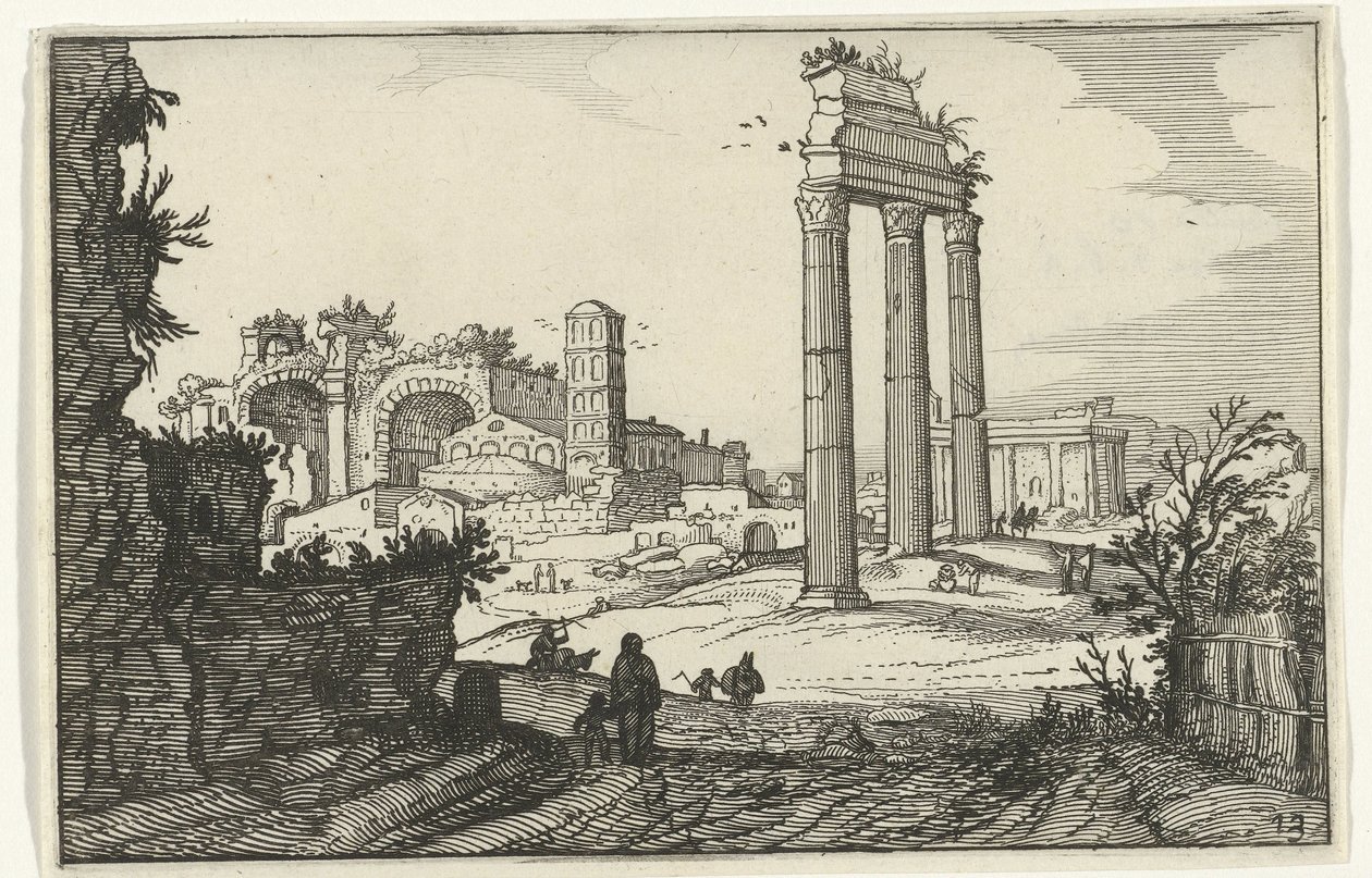 Templo de Cástor y Pólux y la Basílica de Constantino Ruinas romanas y paisajes costeros (serie 1) (título de la serie) de Willem van Nieulandt (II)