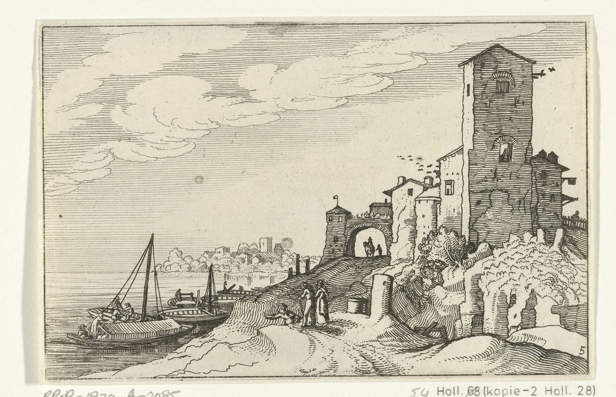 Torre y puerta en la costa Ruinas romanas y paisajes costeros (serie 1) (título de la serie) de Willem van Nieulandt (II)