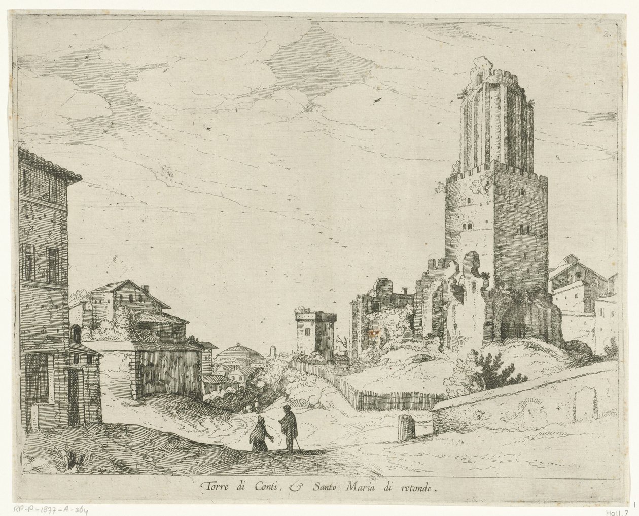 Torre delle Milizie y el Panteón Torre di Conti e Santo Maria di retonde (título sobre objeto) Vistas de Roma (título de la serie) de Willem van Nieulandt (II)