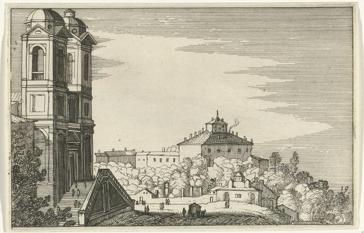 Trinità dei Monti en Roma Romeinse ruïnes en kustlandschappen (serie 1) (título de la serie) de Willem van Nieulandt (II)
