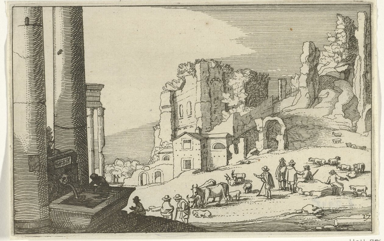 Ganado entre ruinas romanas Ruinas romanas y paisajes costeros (serie 1) (título de la serie) de Willem van Nieulandt (II)