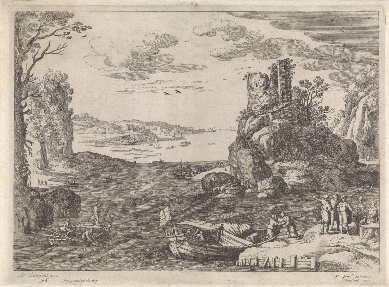 Varios barcos en una bahía Paisajes italianos (título de la serie) de Willem van Nieulandt (II)