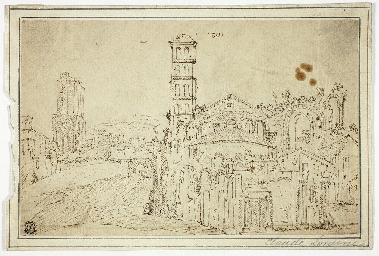 Vista de Roma: Torre della Melisa, ruinas de una iglesia paleocristiana de Willem van Nieuwlandt II