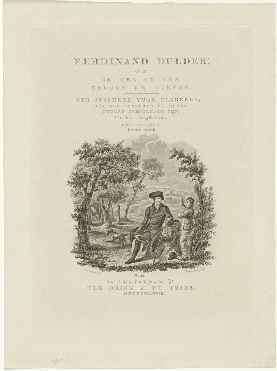 Viajero sentado y un niño en un paisaje Página de título para: J.G. Tobler, Ferdinand Dulder, 1838 de Willem van Senus