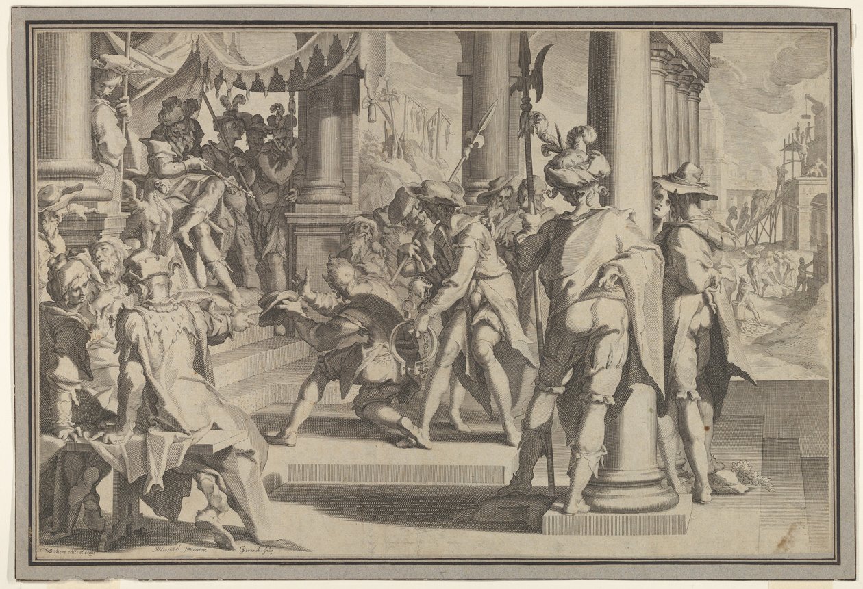 Alegoría de la Justicia y la Santidad de la Ley con una escena de corte que representa a un hombre siendo perdonado de Willem van Swanenburg