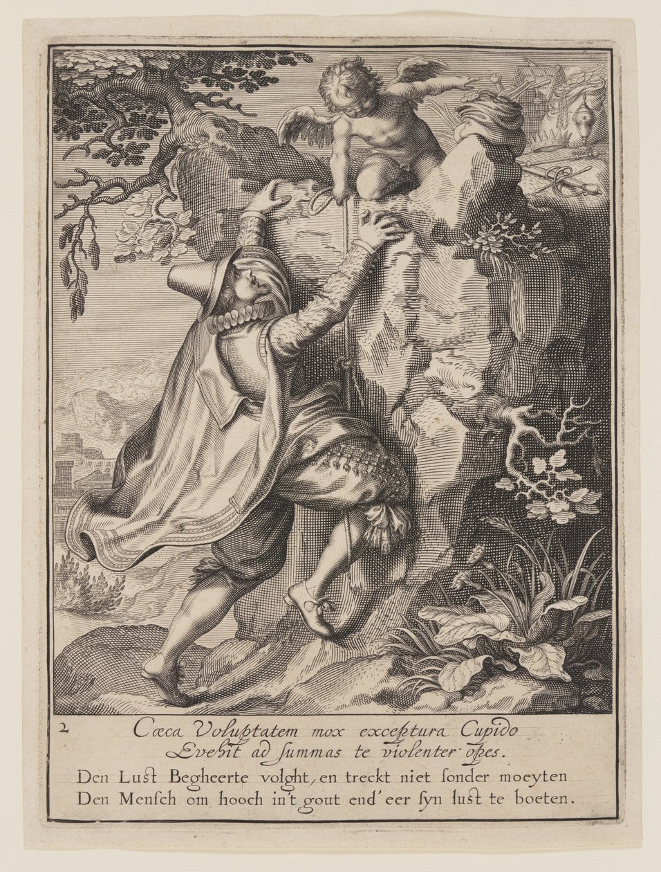 Un joven sube una ladera ayudado por Cupido, de Alegoría del mal uso de los bienes mundanos de Willem van Swanenburgh