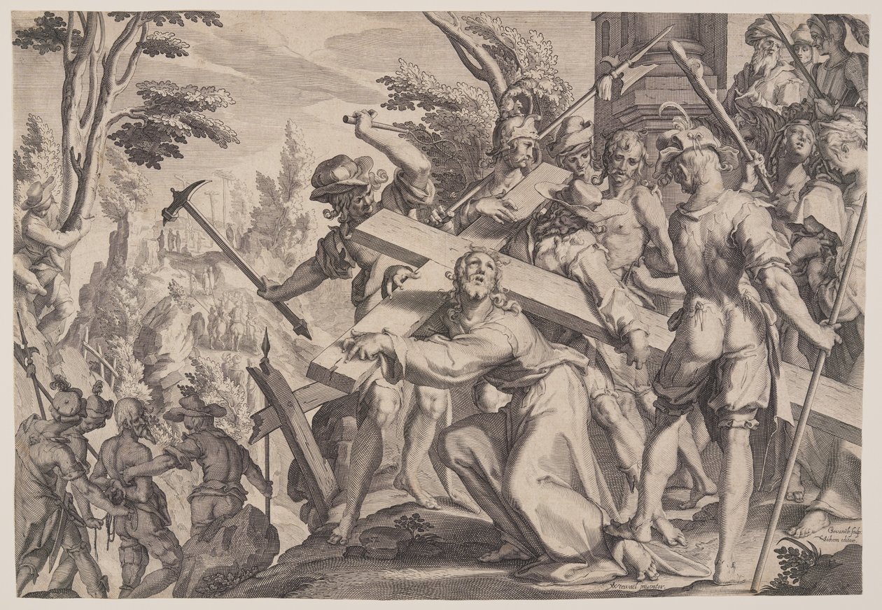 Cristo con la Cruz, lámina 4 de Tronos de Justicia (Thronus Iustitiae) de Willem van Swanenburgh