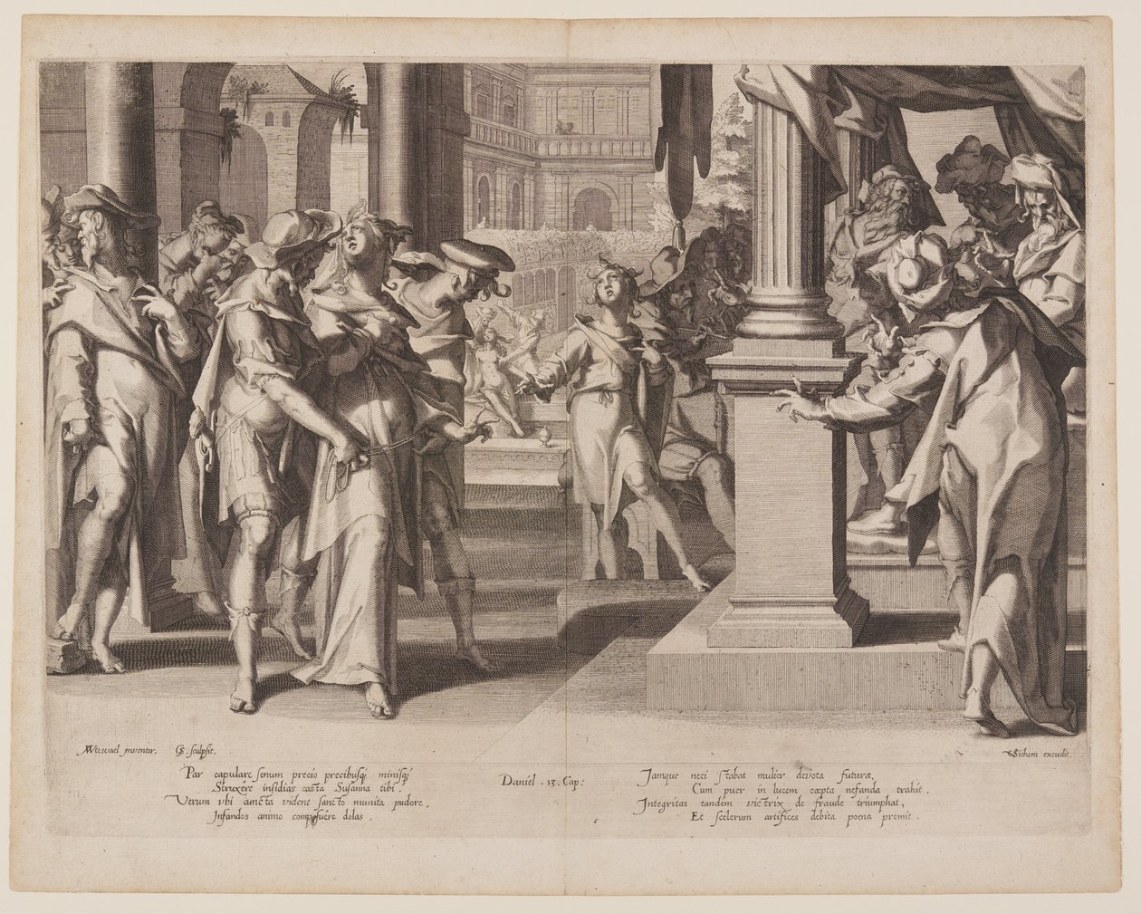 Susana ante Daniel, lámina 3 de Tronos de Justicia (Thronus Iustitiae) de Willem van Swanenburgh