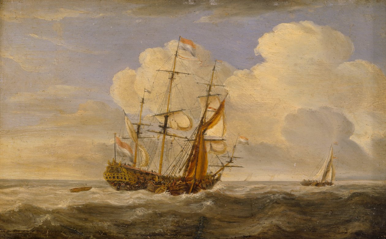 Un buque insignia holandés ante el viento, finales del siglo XVII-principios del XVIII (óleo sobre tabla) de Willem van de II (follower of) Velde