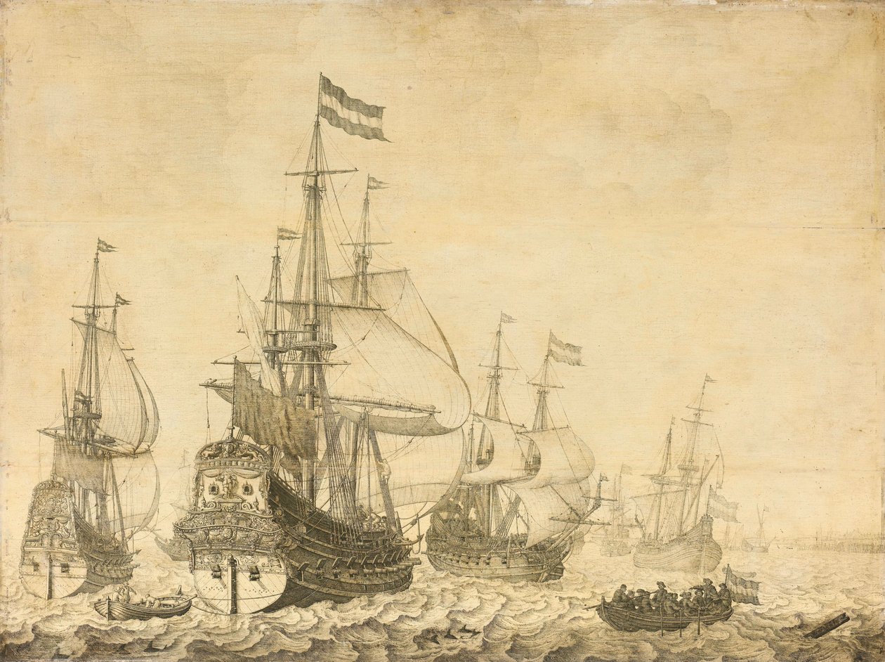 Paisaje marino con los hombres de guerra holandeses, incluyendo el Drenthe y el Prince Frederick-Henry de Willem van de Velde (I)