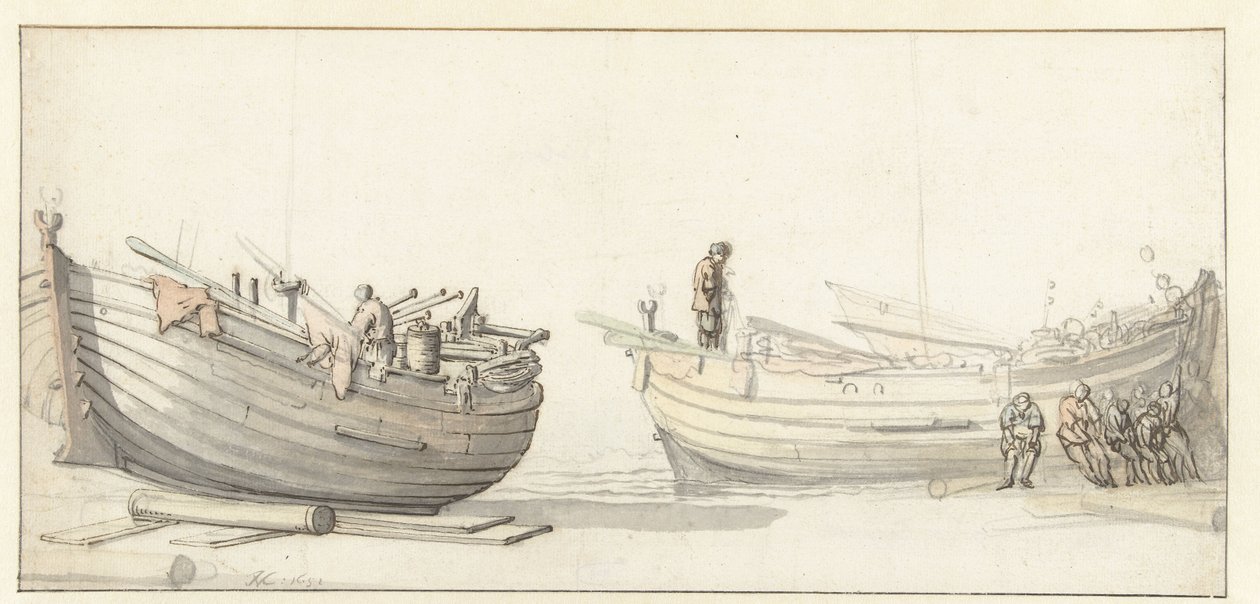 Estudio de dos barcos de pesca con figuras de Willem van de Velde (II) (attributed to)
