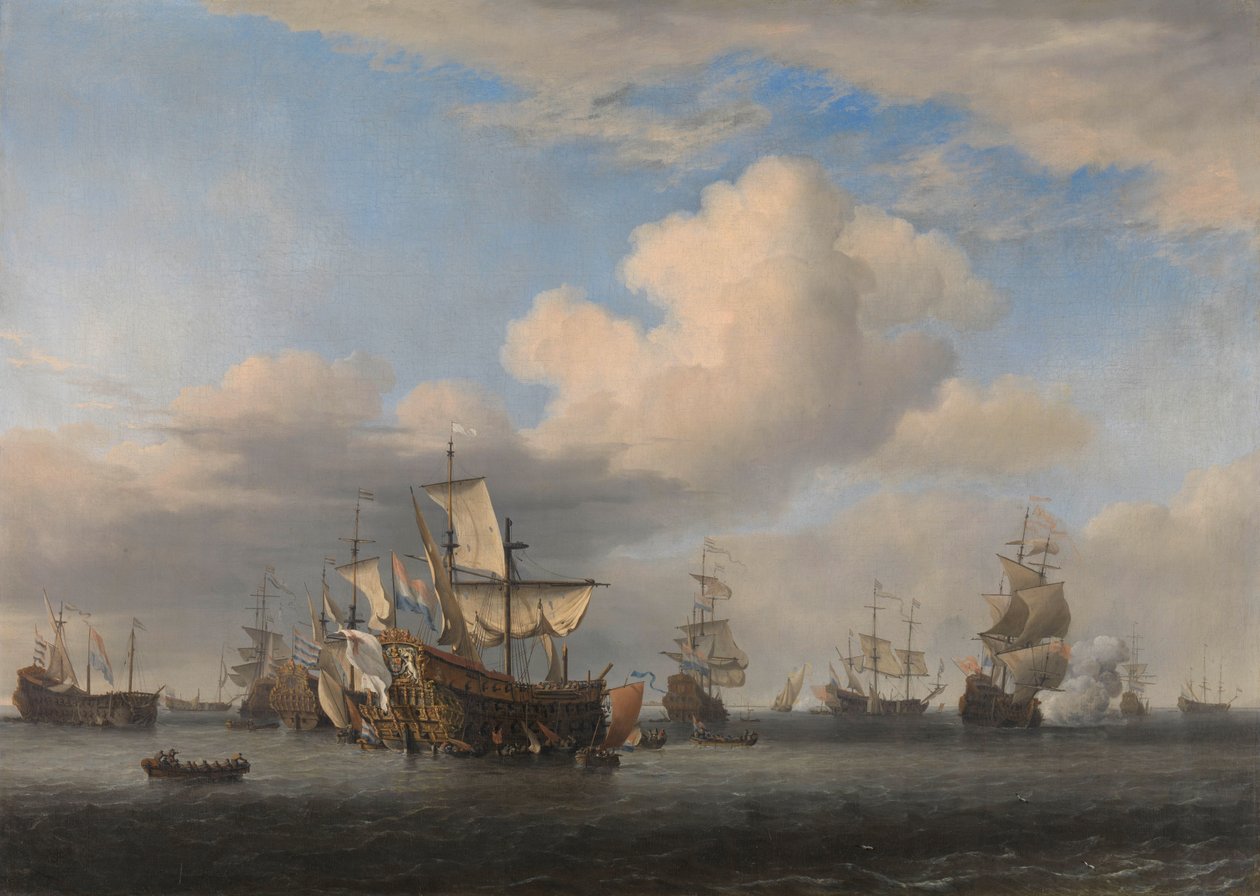 Barcos ingleses capturados tras la Batalla de los Cuatro Días
Los barcos capturados "Swiftsure", "Seven Oaks", "Loyal George" y "Convertine" son llevados al Goereese Hole después de la Batalla de los Cuatro Días, 11-14 de junio de 1666: episodio de la Seg de Willem van de Velde (II)