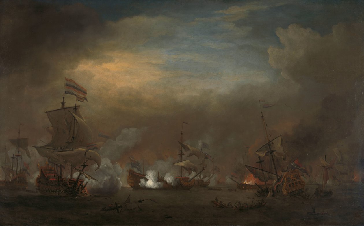 Encuentro durante la Batalla de Kijkduin
Batalla marítima entre Cornelis Tromp en el Gouden Leeuw y Sir Edward Spragg en el Royal Prince durante la Batalla de Kijkduin (Batalla de Texel), 21 de agosto de 1673: episodio de la Tercera Guerra Anglo-Holandesa de Willem van de Velde (II)