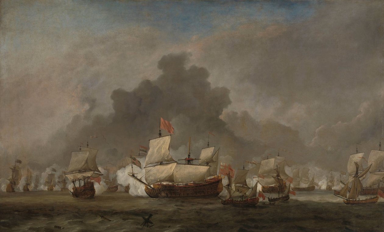 Batalla naval entre Michiel Adriaensz de Ruyter y el Duque de York en el Royal Prince durante la batalla de Solebay, 7 de junio de 1672: episodio de la Tercera Guerra Anglo-Holandesa de Willem van de Velde (II)